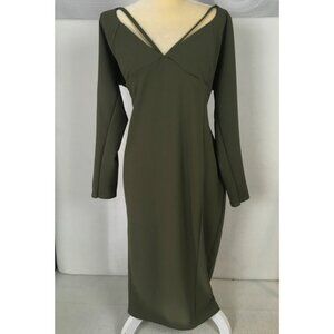 PrettyLittleThing Dress Women Size 24 Olive Green V neck Long Sleeves New w Tags